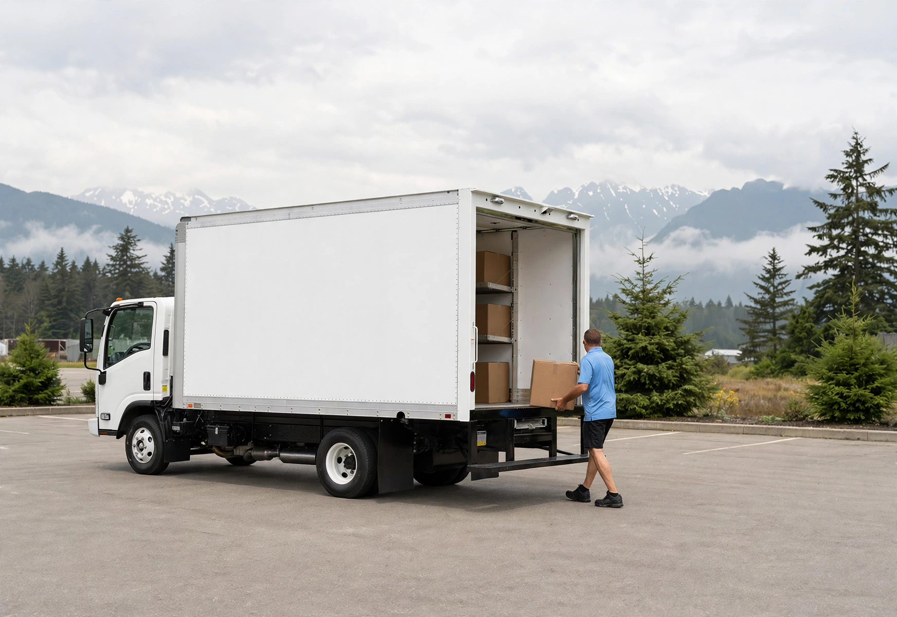 White dry freight box truck with open roll-up door being loaded with boxes.