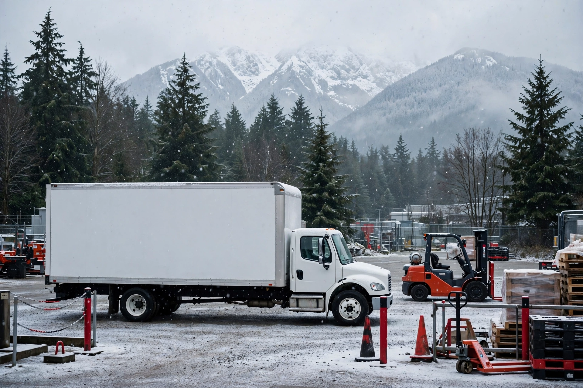 White dry freight box truck in light snow at a commercial yard with evergreen trees and mountains behind.